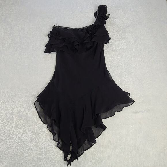 Orna Faro Vintage Y2K women's black silk ruffle tiers one shoulder dress Sz 40 - Picture 3 of 8
